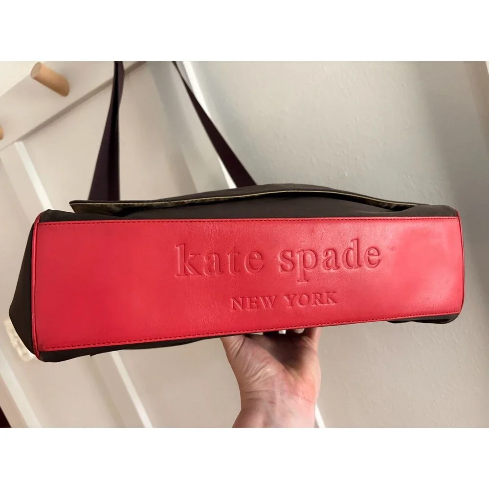 Kate Spade New York brown + red nylon + leather Baby Bag Tote messenger workbag